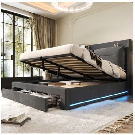Lit d'appoint - MUVOE - 140x190 cm - Velours gris - LED réglable - Rangement multifonctionnel