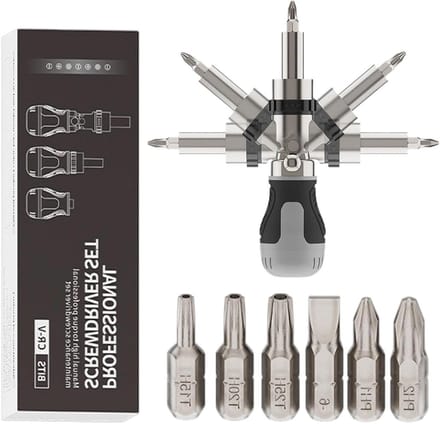 Ratelschroevendraaier Set - Verstelbare Schroevendraaier - Reparatie Klussen - 180 Graden Flexibel - 7 Bits - Grijs