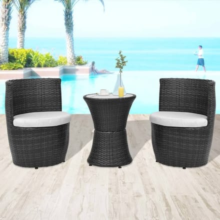 vidaXL - 3-delige - Bistroset - met - kussens - poly - rattan - zwart