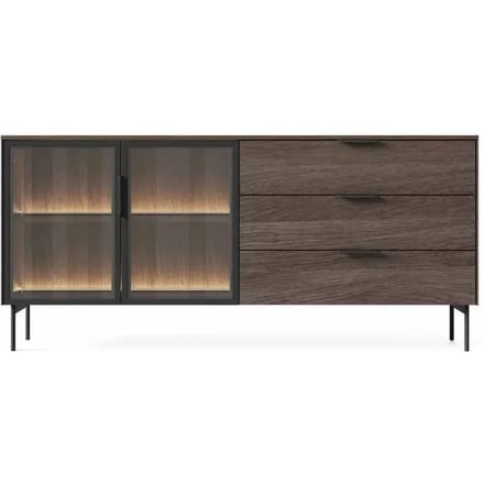 Selsey Lumi – Dressoir met 2 deuren - glazen fronten - 3 lades en LED-verlichting - eik Dunin - 181 cm