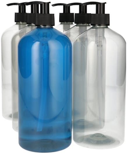 6 x 1000 ml Basic Round 100% R-PET transparant + Dispenserpomp zwart - 6 stuks