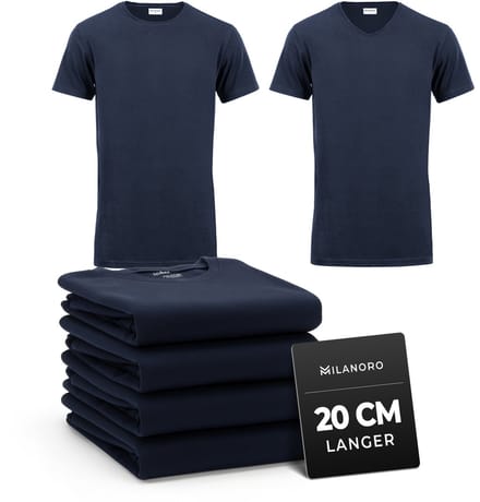 Milanoro - 4-pack extra lange katoenen T-shirts - Navy - V-hals - L