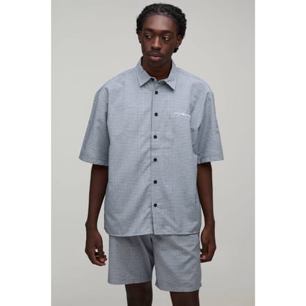 Geborduurd Micro-ruit Boxy Overhemd & Short Set | Black | Size Medium