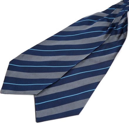 Gestreepte Grijs & Marineblauwe Zijden Sjaaldas met Dunne Blauwe Accenten