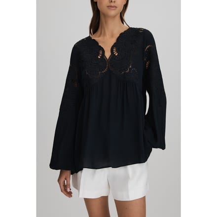 Reiss Lace Insert Blouse Navy Größe: 6 | Longsleeves Outlet | Damen | Blau