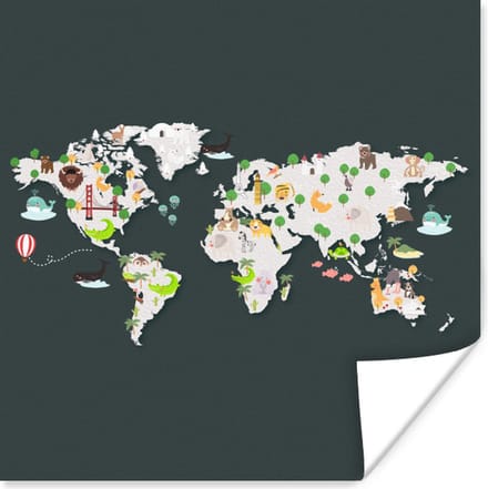 Wereldkaart Kinderen - Illustraties - Kleuren - 30x30 cm - Poster