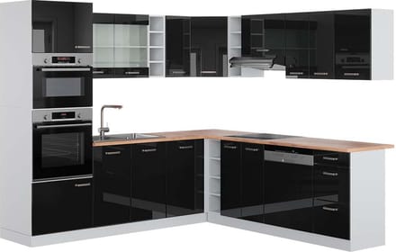 Vicco Hoekkeuken R-Line, Zwart hoogglans/Wit, 247 x 237 cm, WB Eik