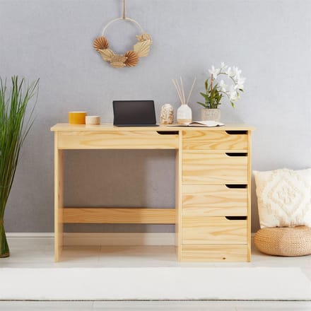 Bureau HUGO van massief grenenhout in naturel met 5 lades