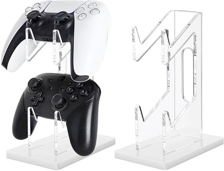 Gamecontrollerstandaard, 2 niveaus - Universele standaard voor twee controllers - Hoofdtelefoonstandaard - Witte acryl displaystandaard - Bureaustandaard - Transparant