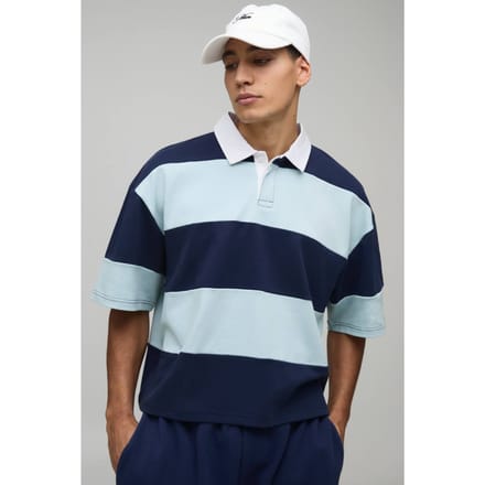 Oversized Gekrompen Gestreepte Interlock Korte Mouw Rugby Polo | Blue | Size Large