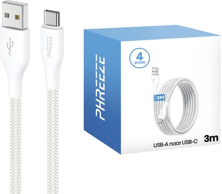 Usb A naar C kabels - 4 pack - 3m lang, stevig, nylon - Opladen & data - Usb C kabels - Phreeze