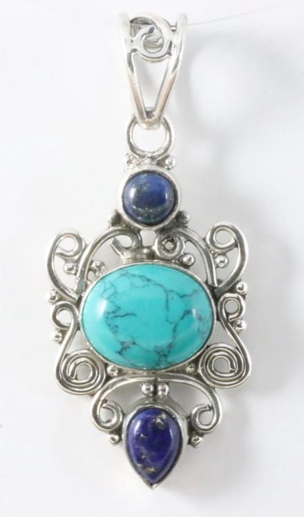 Opengewerkte zilveren hanger met turkoois en lapis lazuli