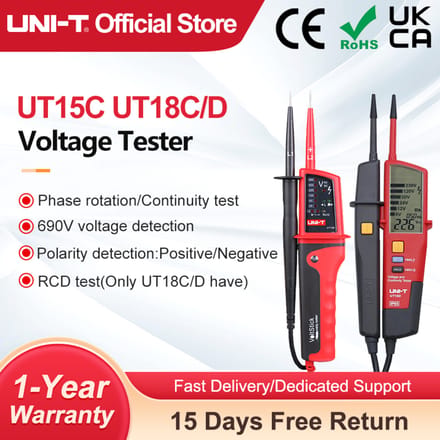 UNI-T Spanningstesters UT18C UT18D UT15C Fasevolgorde Continuïteit Spanningsdetector LCD Display Auto Range IP65 Waterdichte Meter UT18C