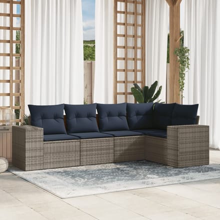 vidaXL - 5-delige - tuinbankset - met - kussens, - grijs - polyrotan