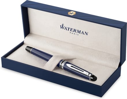 Waterman Expert rollerbalpen, blauwe lak met palladium details, fijne punt, zwarte inkt, geschenkset