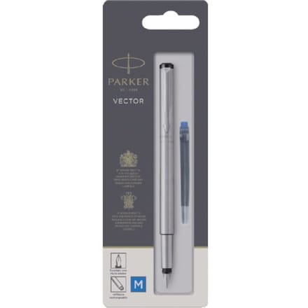 Parker Vector-vulpen | roestvrij staal met chrome afwerking | mediumpunt | blauwe inkt | hangtab