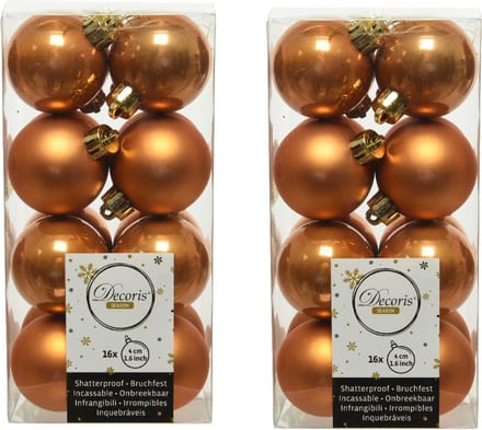 Decoris kleine kerstballen - 32x st - cognac bruin - 4 cm - kunststof - kerstversiering