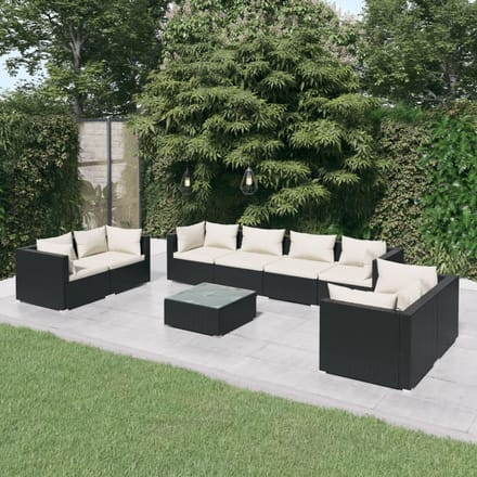 vidaXL - 9-delige - Loungeset - met - kussens - poly - rattan - zwart