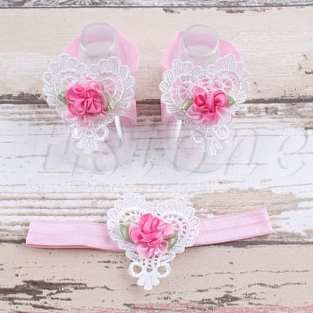 Baby Haarbandje + Voetbandjes Hart - Roze