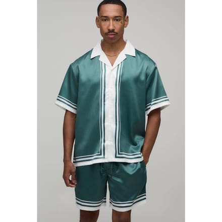 Oversized Short Sleeve Double Boarder Print Satin Shirt & Short Set | Green | Size Medium