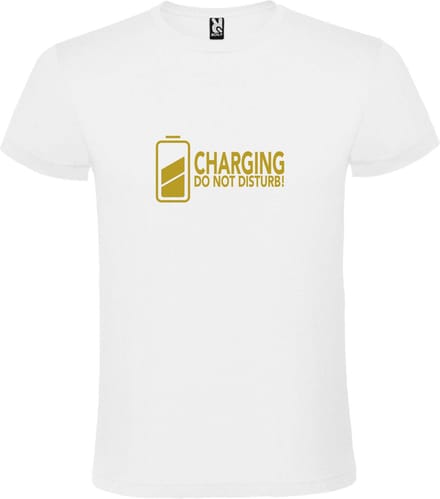 Wit T-Shirt met “ Charging / Do NOT Disturb “ afbeelding Goud Size S