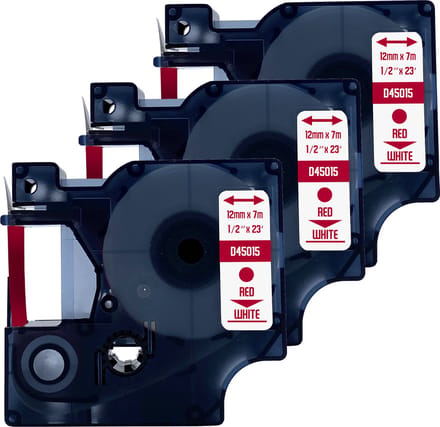 DULA Dymo D1 45015 - S0720550 - Compatible label tape - 3 lettertape - Rood op wit - 12mm x 7m