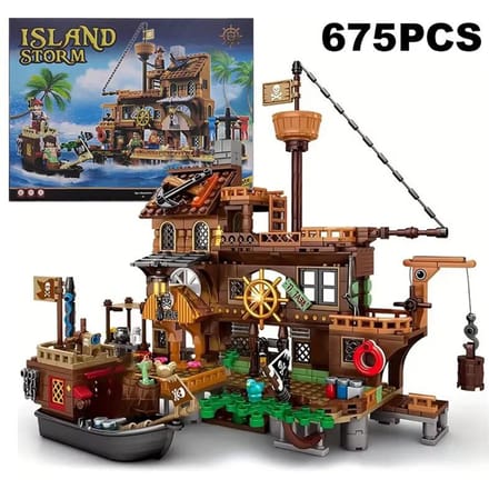 Blocs de Construction Créatifs Château Forteresse d'Île Pirate Médiévale Bateau d'Aventure Cabane en Bois Briques à Assembler Jouet Cadeau Enfant