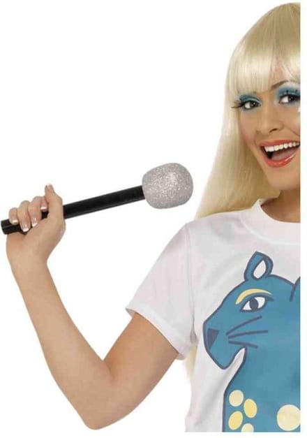 Carnaval verkleed microfoon - kunststof - 30 cm - popster / zanger / presentator - zilver/zwart