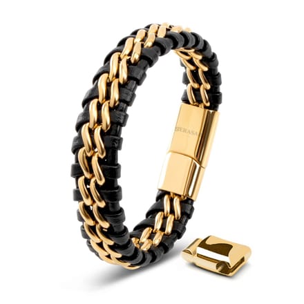 SERASAR Lederen Armband Heren [Steel] - Goud 17cm - met Sieradengeschenkdoos