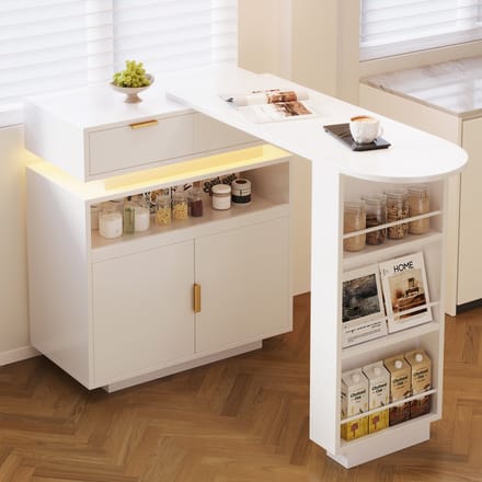 MODENUIT Bartafel - Uitschuifbaar Met Draaibaar Blad En Led - Voor Keuken En Eethoek - Wit MDF - 115-183x40x99,5 cm
