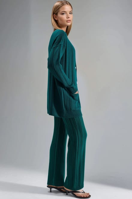 Textured Knit Set met V-Hals Cardigan en Wijde Pantalons