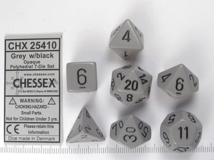 Chessex Opaque grijs zwart Polydice Dobbelsteen Set 7 stuks.