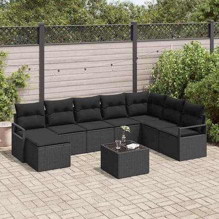 vidaXL Bankstel met kussen met opslag 9 pcs Zwart poly rattan