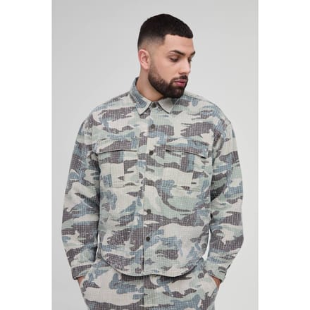 Plus Textuurrijk Camouflage Cargo Denim Overhemd | Khaki | Size 2XL