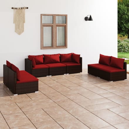 vidaXL - 7-delige - Loungeset - met - kussens - poly - rattan - bruin