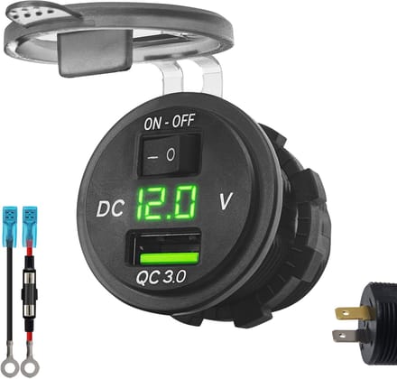 ProRide 12V USB Stopcontact Inbouw met Schakelaar/Voltmeter - 5V/2.4A - met Aansluitkabel 60cm en Glaszekering 10A - Groen