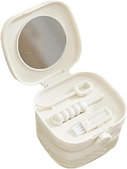 Kunstgebit Reiniger - Prothese Box - Hygiënisch Weken - Met Ingebouwde Spiegel - 9.6 cm Hoog - Wit