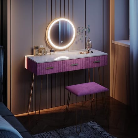 Make-up Tafel met Kruk en LED Spiegel 100 cm Roze/Wit