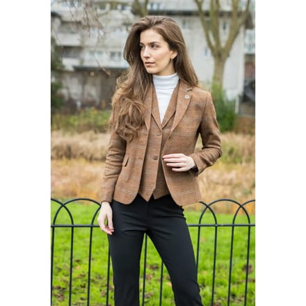 Dames Oak Brown 2-delige set Tweed Blazer Vest met visgraatmotief