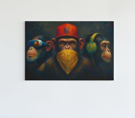 Canvas Schilderij - 3 Apen - Apentrots - Wanddecoratie - 90x60x2 cm