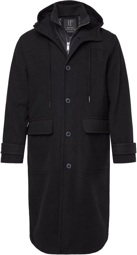 JP 1880 - Heren - Functionele jas in wollook waterafstotend capuchon rits - Zwart - Maat L