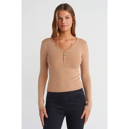 Slim Fit Katoenen Jersey Knop Blouse