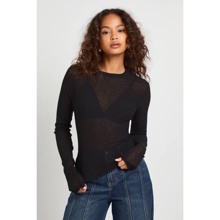 boohoo Dames Geribbelde getextureerde mesh top met lange mouwen | Zwart | Maat: 36