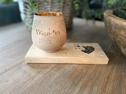 Creaties van Hier - Vriendin - Kaarsen - Theelichthouder met Plankje - Glas - 9,4x8,9 cm