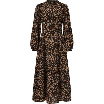 Smashed Lemon Chiffon dierenprint jurk met pofmouwen en v-hals in camel en bruin |