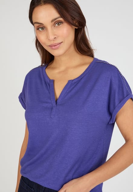 Damart - T-shirt linnenmix geweven details - Dames - Blauw - M