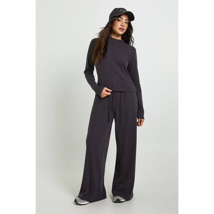 boohoo Dames Geribd lange mouwen hoge hals trainingspak | Houtskool | Maat: Medium