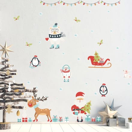 Kerststicker: Kerstman en dieren in de kerstsneeuw, 80 x 120 cm