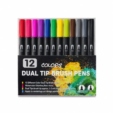 12er-Set Aquarellstifte - Tinte auf Wasserbasis - Doppelspitze mit weicher Spitze und Fineliner - Schwarzer Schaft im Geschenkbox-Set