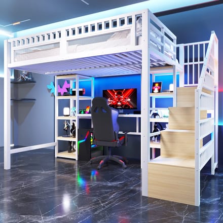 Hoogslaper 140x200 cm Zonder Matras – Met Bureau, LED-verlichting en USB – Opbergruimte, Ladder met Opbergvakken – Wit